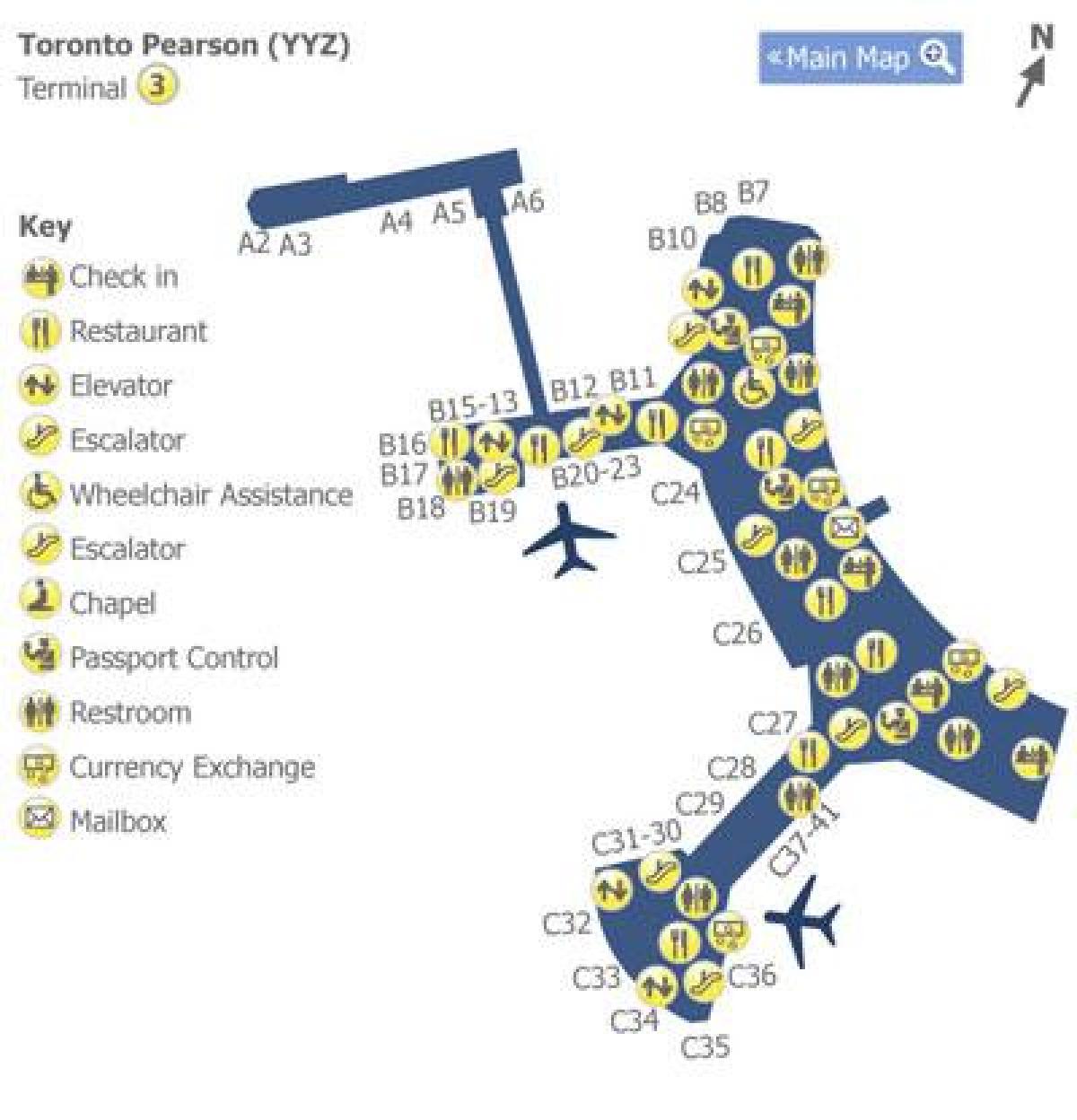 Ramani ya Toronto Pearson uwanja wa ndege wa terminal 3
