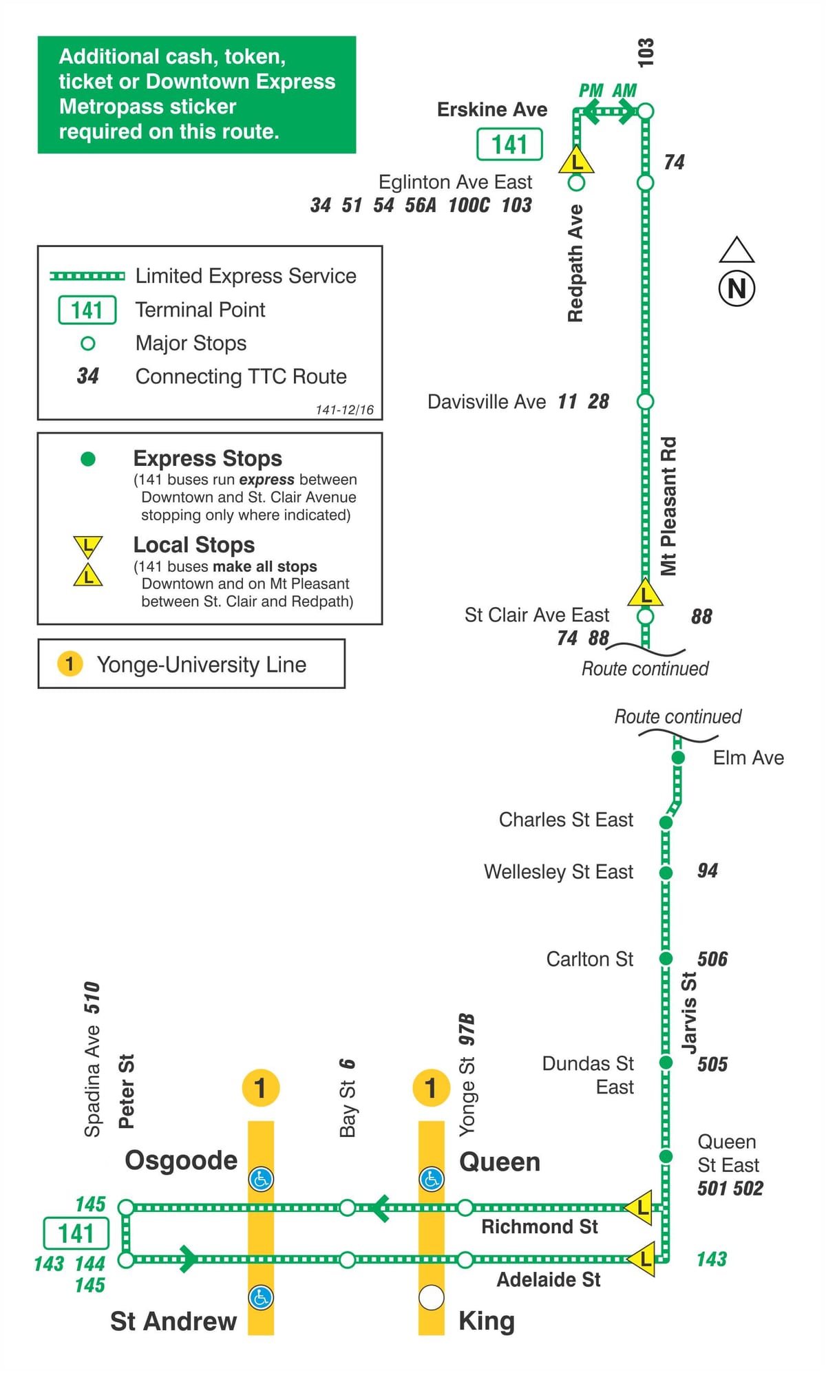 Ramani ya TTC 141 Downtown / Mt Pleasant Express basi njia Toronto