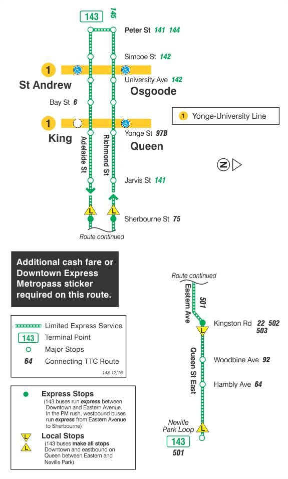 Ramani ya TTC 143 Downtown / Pwani Express basi njia Toronto