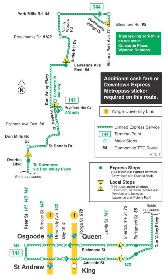 Ramani ya TTC 144 Downtown / Je, Bonde Express basi njia Toronto