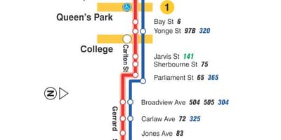 Ramani ya streetcar line 506 Chuo/Carlton