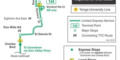 Ramani ya TTC 144 Downtown / Je, Bonde Express basi njia Toronto