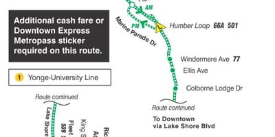 Ramani ya TTC 145 Downtown / Humber Bay Express basi njia Toronto